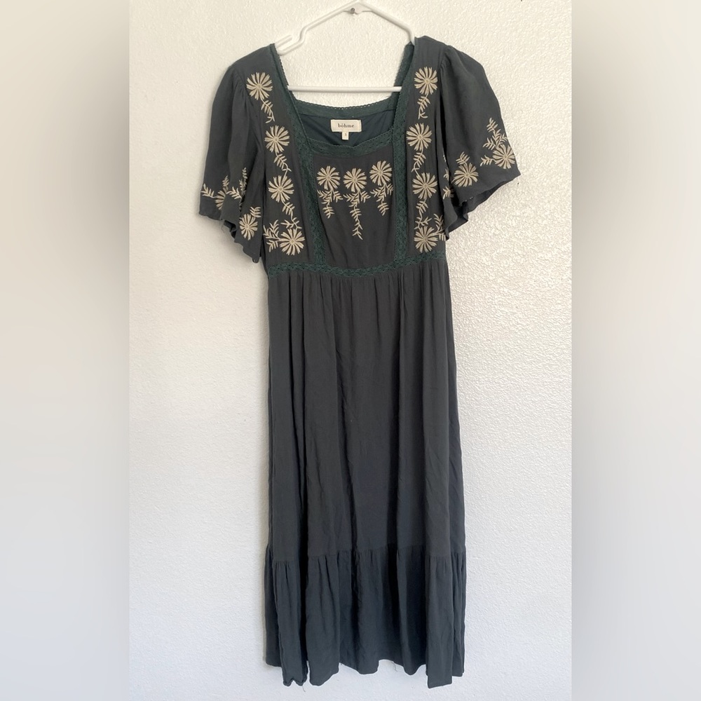 Bohme blue green midi dress. Square neckline. Size small